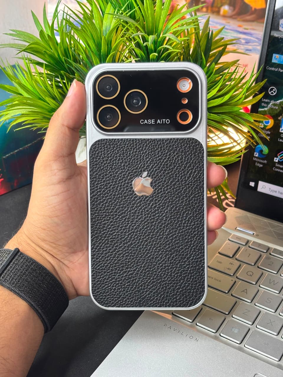Luxury Leather Texture Case with Integrated Lens Guard & Electroplated Frame for iPhone